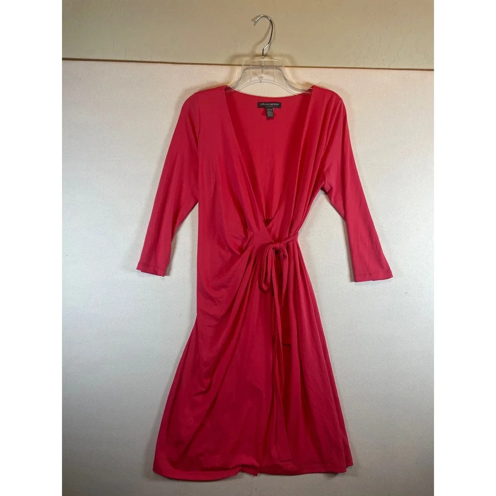 A Pea in the Pod Maternity Faux Wrap Dress Pink 3/4 Sleeve V-Neck Size S‎
